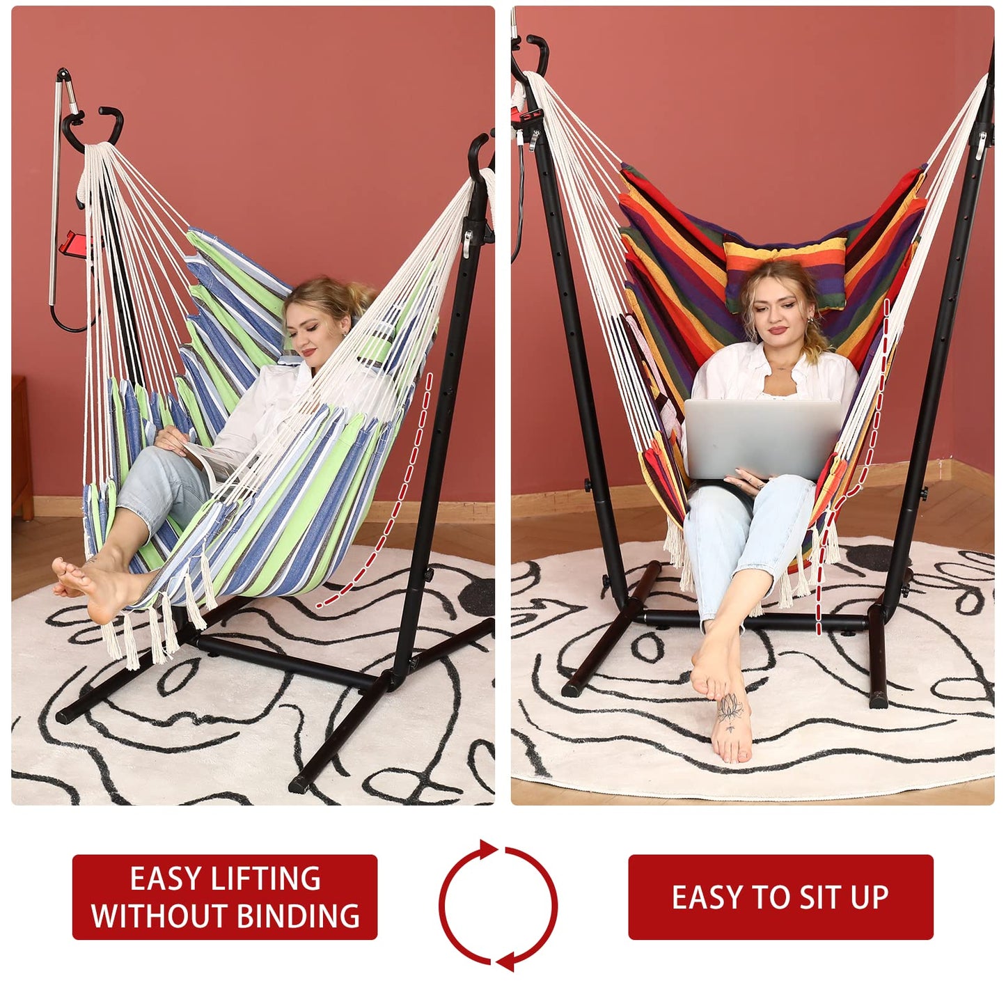 ZEYU Hammock Chair with Stand Double Hammock Chair Bohemian Style with Tassel Mobile Phone Support Manual Adjustable Swing Indoor and Outdoor Garden Porch with Floor mat Reclining Capacity 400 pounds