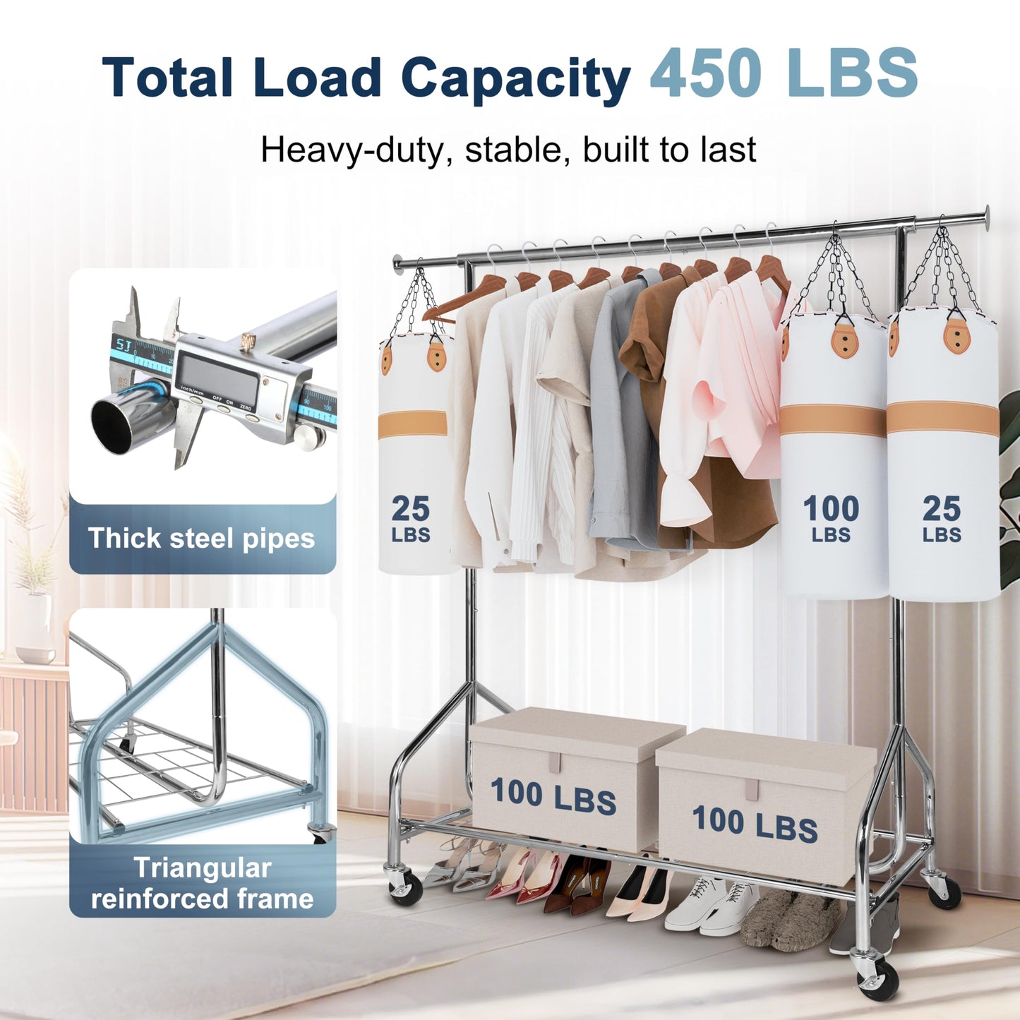 Whitmor Heavy Duty Clothes Rack, Rolling Garment Rack with Lockable Wheels, Adjustable & Extendable Metal Clothing Rack Shelves with Bottom Shelf, Max Load 450LBS for Hanging Clothes, Chrome