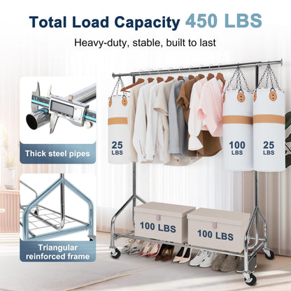 Whitmor Heavy Duty Clothes Rack, Rolling Garment Rack with Lockable Wheels, Adjustable & Extendable Metal Clothing Rack Shelves with Bottom Shelf, Max Load 450LBS for Hanging Clothes, Chrome