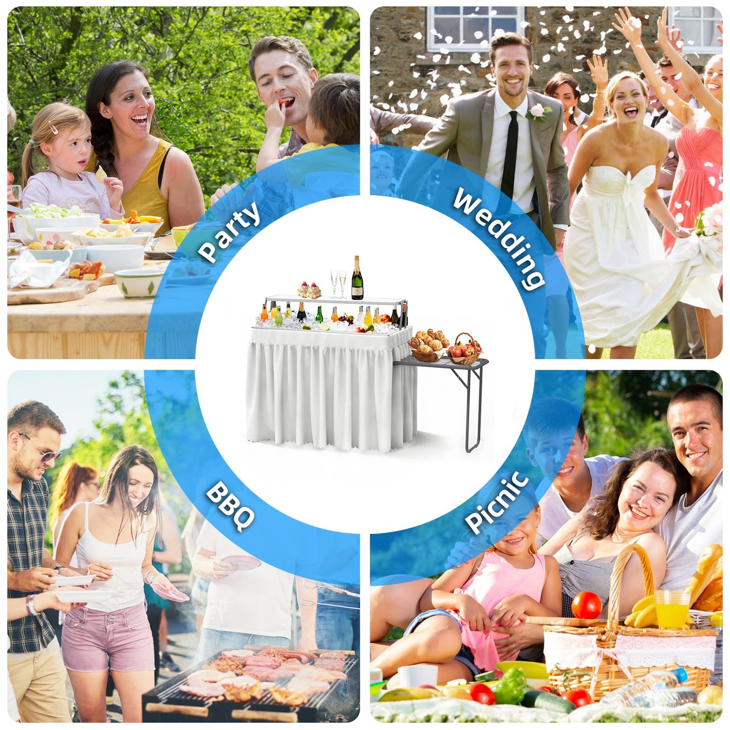 SHAREWIN Ice Cooler Folding Table with Metal Side Desktop, Double-Layer Party Chilling Table with Drain and Detachable White Skirt to Keep Drinks Cool, Ice Bar for Weddings, Outdoor, Picnics，Pool