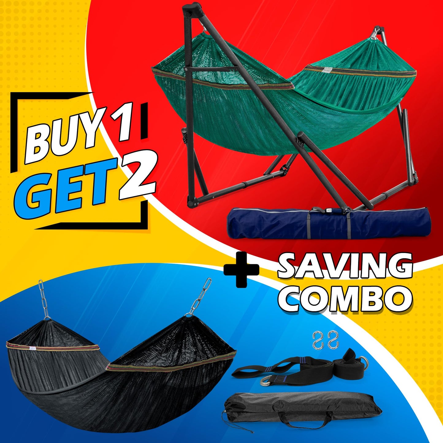 Tranquillo Combo x2 Hammocks with Stand for Outside & Tree Straps, Heavy Duty Hammock with Stand 600lbs for Indoor Outdoor Patio Backyard, x2 Hammocks for 2 Person (Combo - Peacock, Medium)