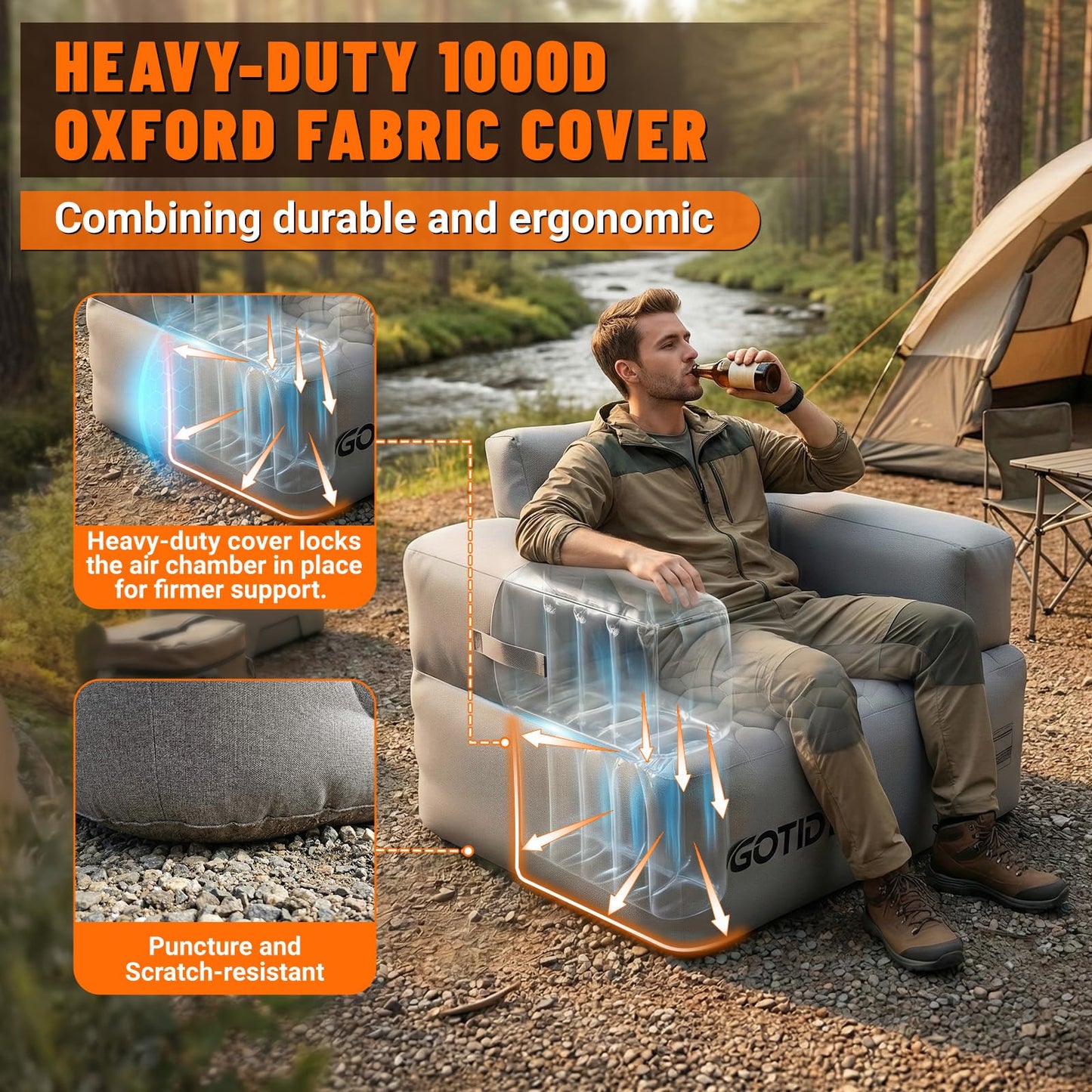 GOTIDY Inflatable Couch, Camping Couch with Detachable Built-in Pump, Inflatable Sofa with Breathable, Puncture-Resistant Fabric Texture Cover, Camping, Beach, Backyard Party