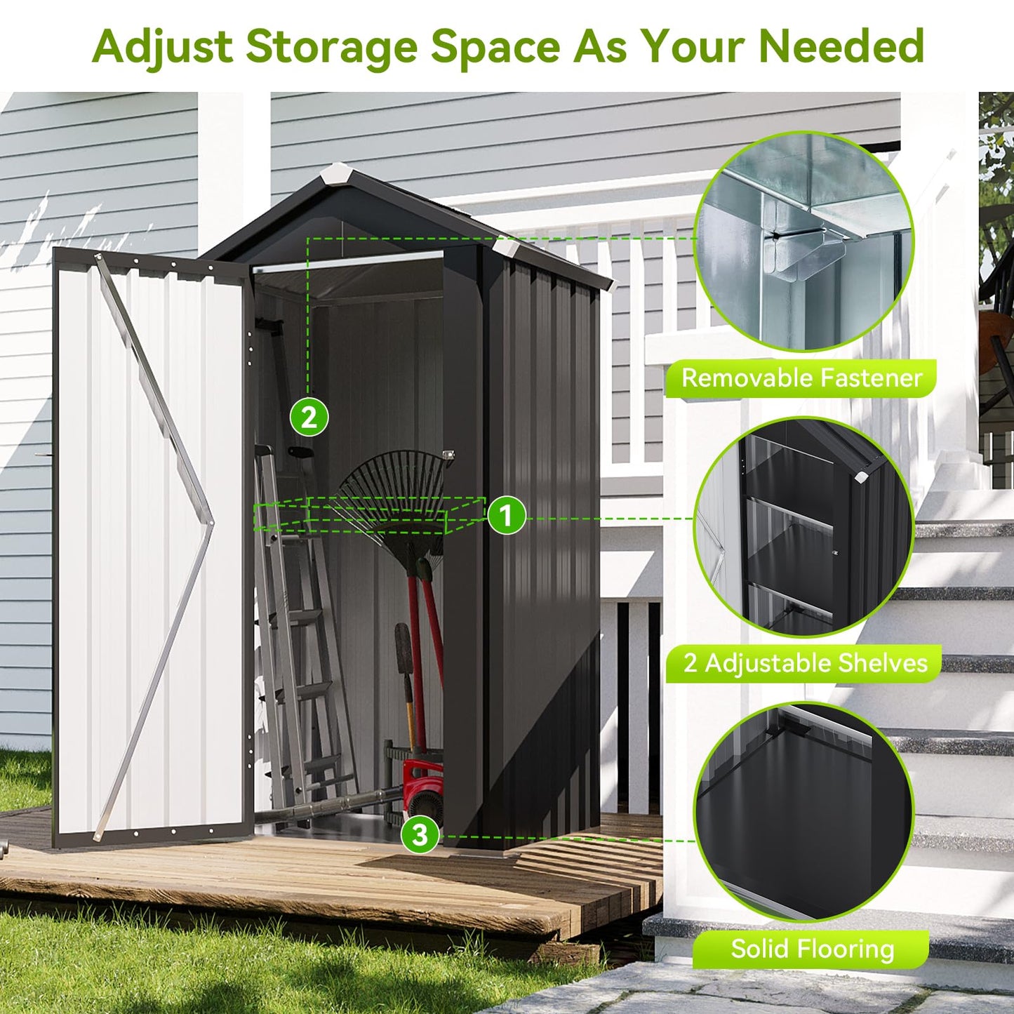 Aoxun Vertical Metal Tool Cabinet 2.5x2FT, 21 Cu.Ft Weatherproof Outdoor Storage Shed with Floor & Adjustable Shelves, Space-Saving Design for Garden, Garage, Patio