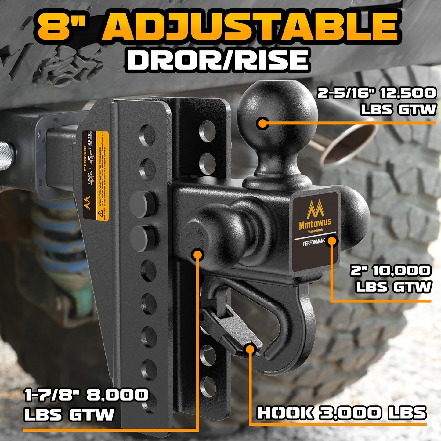 Mmtowus Adjustable Trailer Hitch - Drop Hitch 2-Inch Receiver - Tri Ball Mount with Hook (1-7/8'', 2'' & 2-5/16''), 8'' Drop/Rise Tow Hitch, 12,500 LBS GTW, 3 Ball Hitches for Trucks, RV, Camper etc