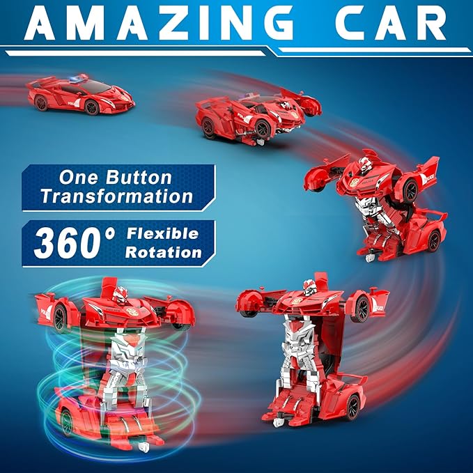 FDJ Transform Remote Control Car Robot One Button Deformation to Robot with Flashing Light 2.4Ghz 1:18 Scale Transforming Police Car Kids Toys with 360 Degree Rotating Drifting Toys for Boys Girls