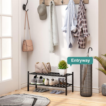 Viewcare 2-Tier Black Bamboo Shoe Rack - Stackable & Foldable Shoe Shelf Organizer for Entryway