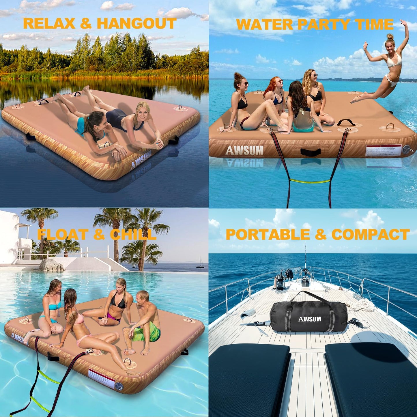 AWSUM Inflatable Floating Dock for Lakes, 5ft x 6ft Water Air Mat Inflatable Island Swim Platform with Non-Slip Wood Surface for Pool Beach Ocean