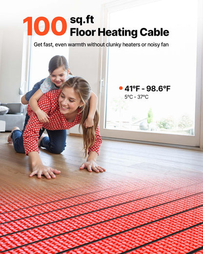 VEVOR Floor Heating Mat System, 100 sqft 120V, Decoupling Membrane, Smart Thermostat & Alarm, Easy Install for Tile, Stone & Vinyl Flooring