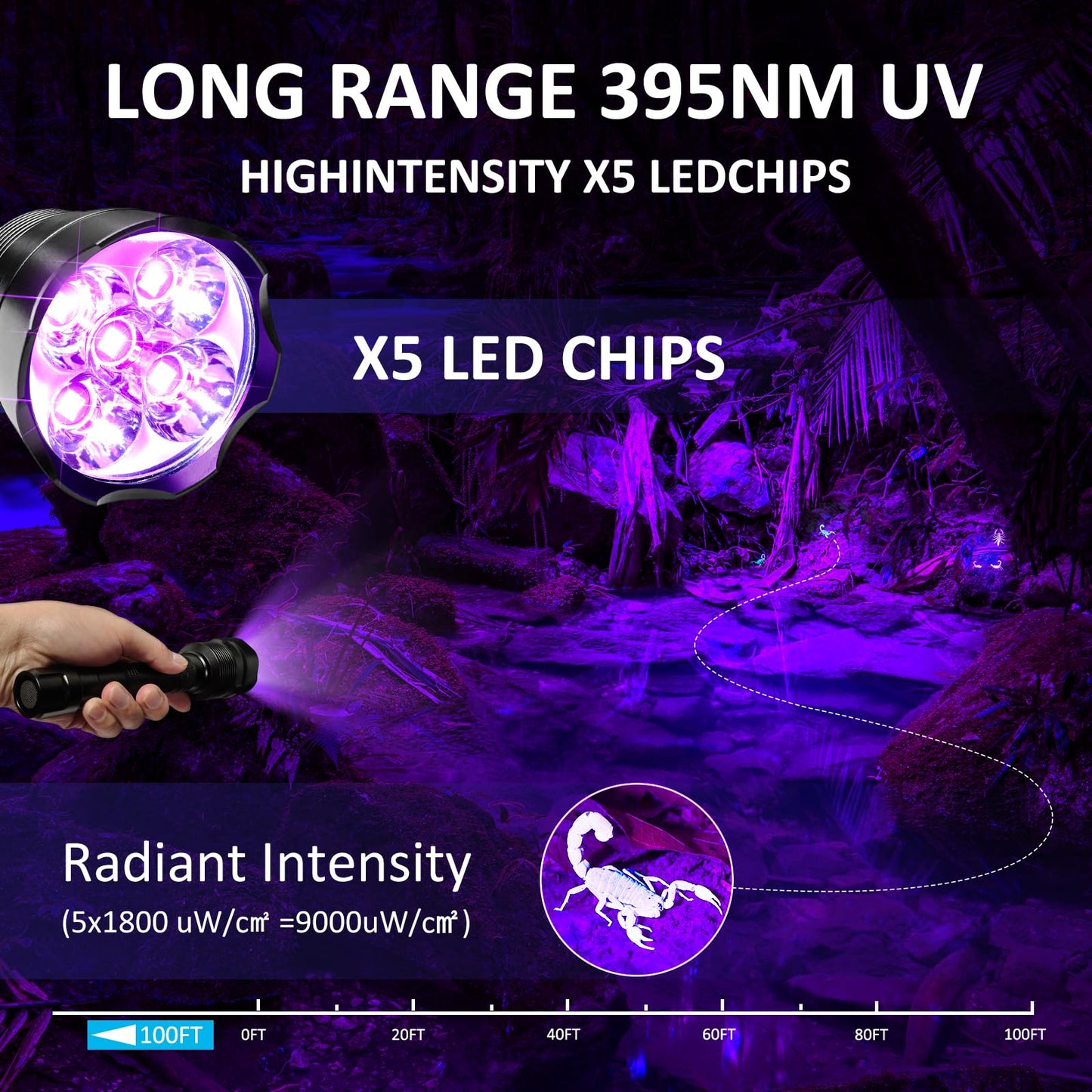 SAOPRKLER 395nm UV Flashlight High Intensity 5 LED Black Light Flashlights for Pet Urine Detection, Scorpion Spotting, AC System Inspection and Rock Fluorescence UV5