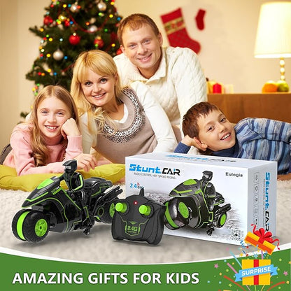 Eulogia Remote Control Motorcycle 360° Spinning Wheel RC Stunt Motocross Toys High Speed Riding Model with Rechargeable Battery Drift Motorbikes for Kids Gift for Boys &amp Girls Ages 5+