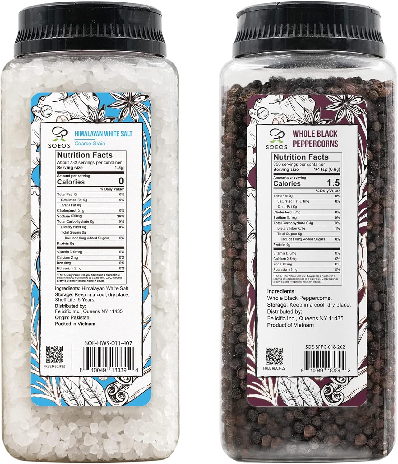 Soeos Himalayan Sea Salt & Whole Black Peppercorns - Coarse Grain, 39 oz & 18 oz Refill Set