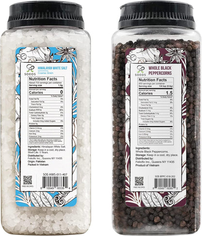 Soeos Himalayan Sea Salt & Whole Black Peppercorns - Coarse Grain, 39 oz & 18 oz Refill Set