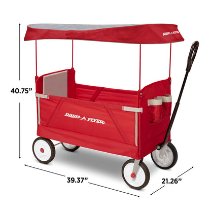 Radio Flyer 3-in-1 EZ Fold Wagon with Canopy, for Kids 1.5+, UV Shade, One-Hand Flat Fold, Seats 2 or Converts to Bench, DuraClean Fabric, Rubber Tires, 150 lb Capacity, Wagon for Kids or Cargo
