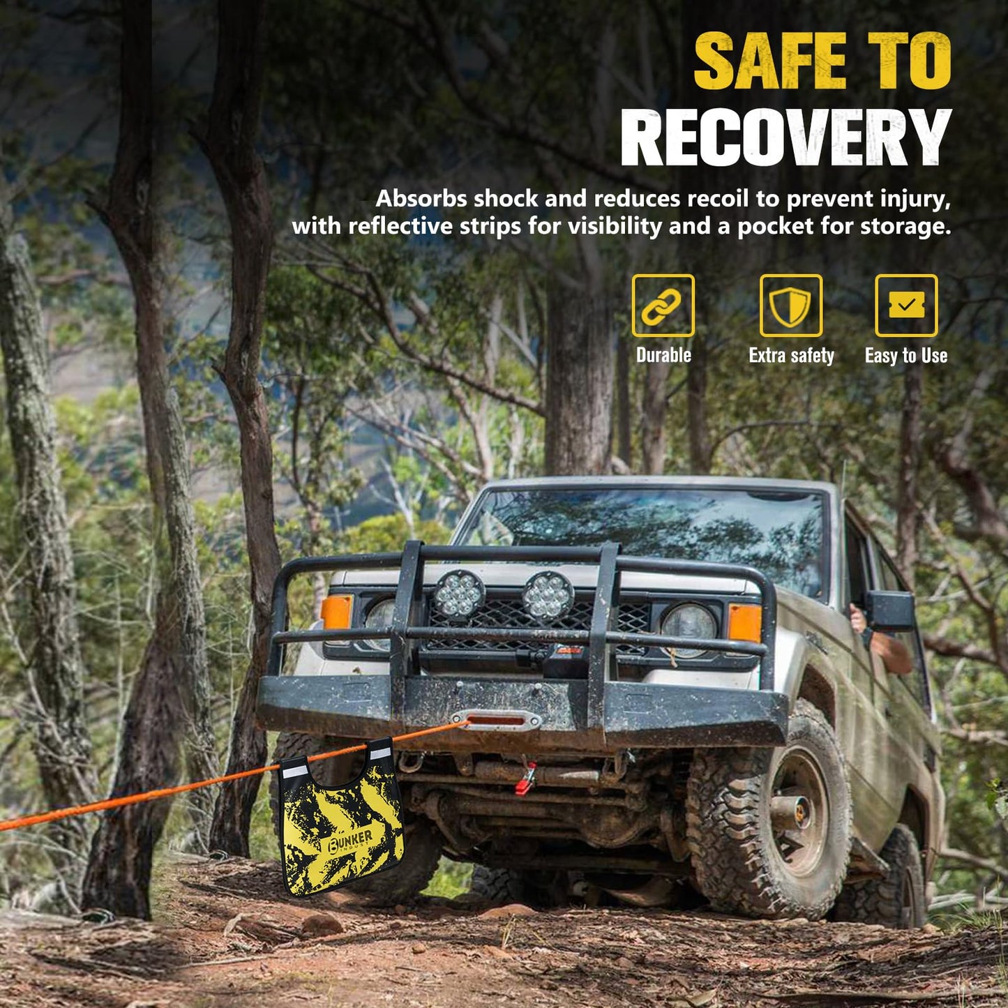 BUNKER INDUST Recovery Kit, 1"×30ft Kinetic Recovery Rope + 2 Soft Shackles + Recovery Ring+ Shackle Hitch Receiver + Winch Dampener+ Gloves+ Carry Bag, Off Road 4x4 Recovery Gear Winch Accessories