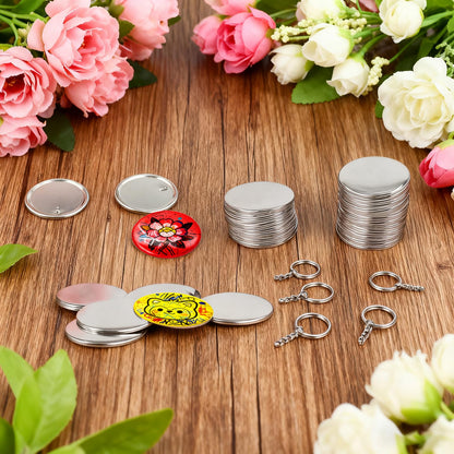 PEDOBALI 110 Sets 58 mm/ 2.25 Inch Button Maker Keychains Supplies Including Plastic Film, Metal Shell, Keychain, Backing Parts Metal Button Badge Sets for DIY Christmas Gifts Maker Machine