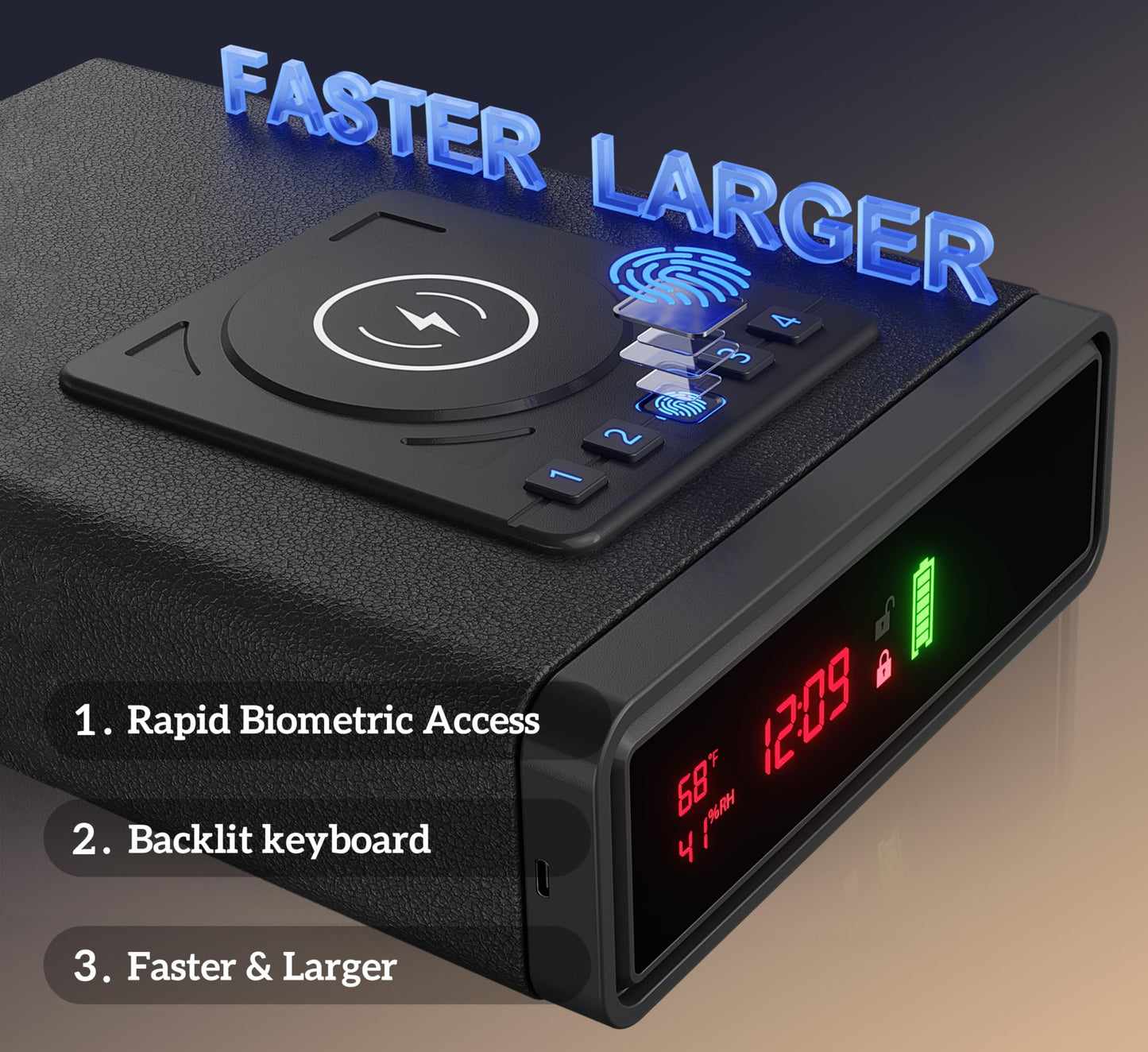 ORARAER Biometric Smart Gun Safe with Wireless Charging, 3 Quick Access Money Box with Fingerprint - Compact Bedside Drawer Safe, 24/7 Digital Clock handgun safe,Gifts for Father's Day