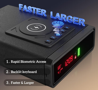 ORARAER Biometric Smart Gun Safe with Wireless Charging, 3 Quick Access Money Box with Fingerprint - Compact Bedside Drawer Safe, 24/7 Digital Clock handgun safe,Gifts for Father's Day