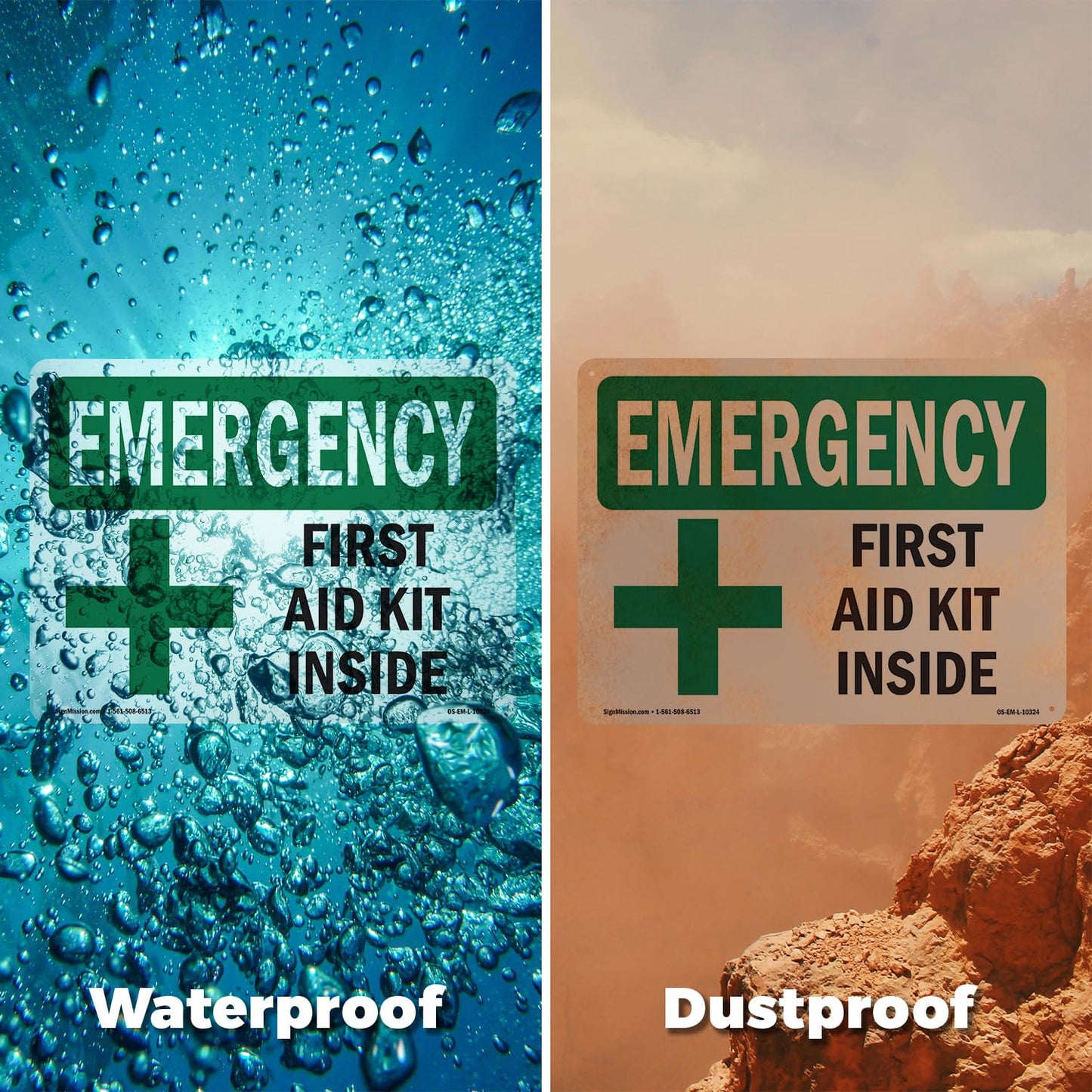 First Aid Kit Inside OSHA Emergency Rigid Plastic Sign 18 Inch x 12 Inch - 10 Pack