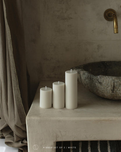LAWA Roman Handmade Tall Ribbed Pillar Candle - Beautiful Scented Soy Wax Stripped Dinner Candle | Classic Aesthetic Decoration Set | Housewarming Gift | Home Room Shelf Decor Idea - White (Set of 3)