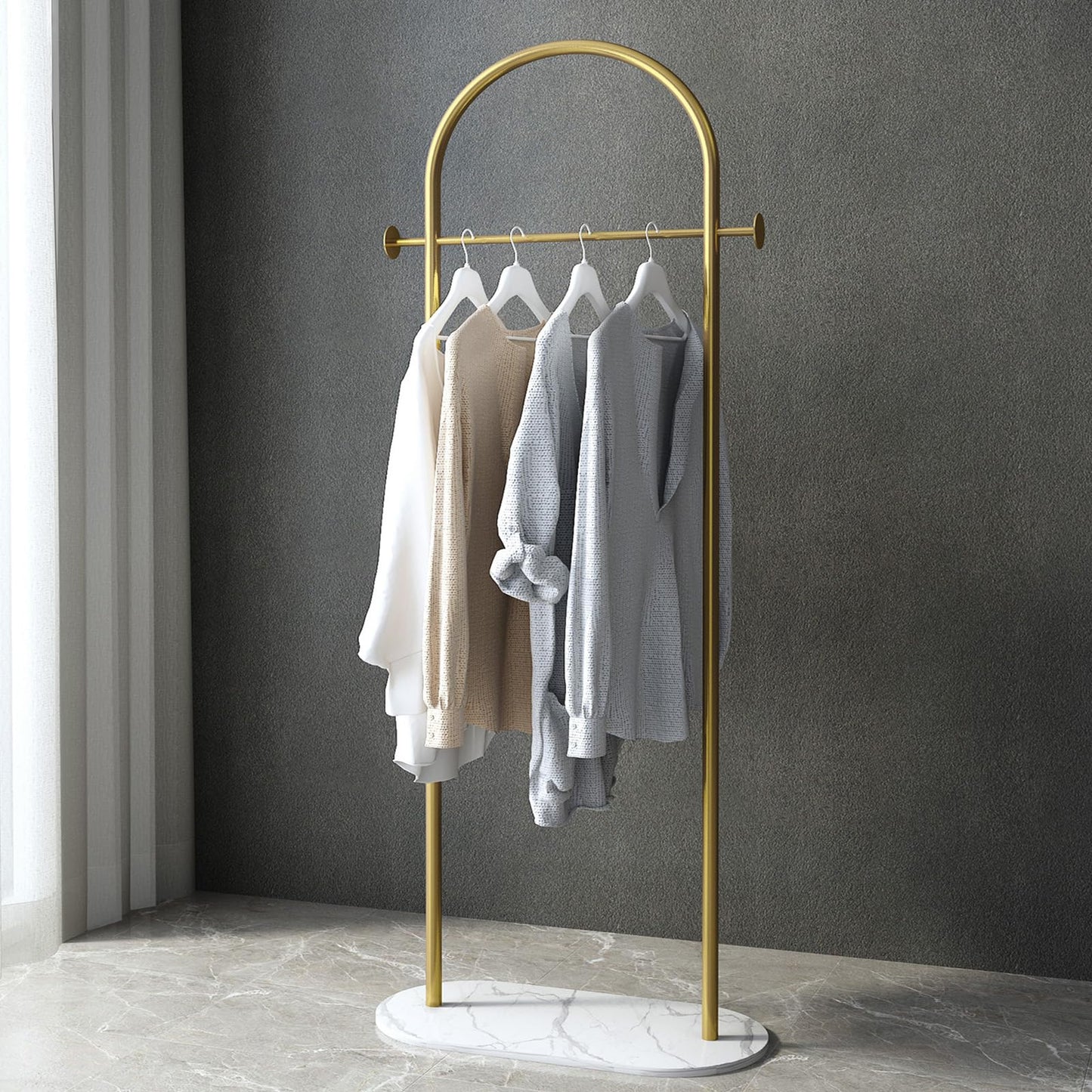 BUZUEY Freestanding Clothing Rack with Marble Base,Modern Gold Arch Garment Rack for Small Spaces,Sturdy Metal Coat Rack,Clothes Racks for Hanging Clothes in Bedroom,Closet,Entryway,Boutique Display