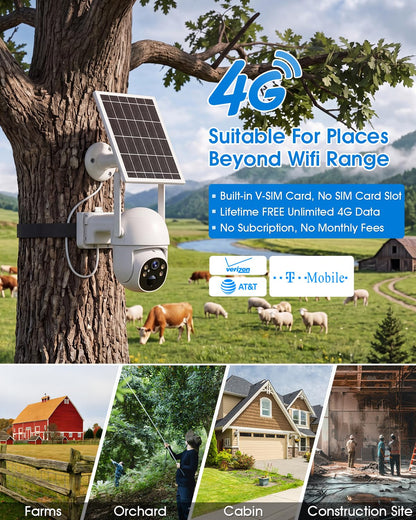 SANSCO 4G LTE Cellular Solar Security Camera, Lifetime Free Unlimited Data, No Monthly Fee, No WiFi Wireless Outdoor Cam, 2K Color Night Vision, 360° PTZ, 2-Way Audio, Built-in SIM, 64G TF Card, TUYA