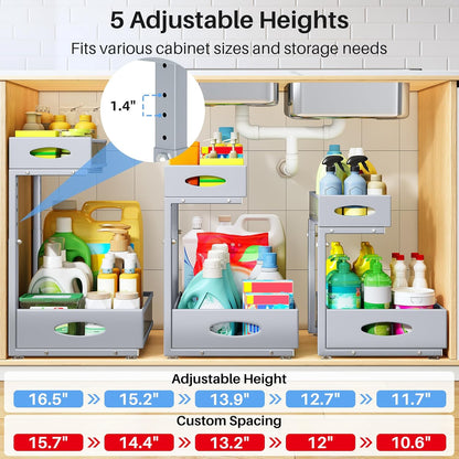 Under Sink Organizer | 2-Pack 2-Tier Pull-Out Cabinet Shelf with Metal Slides & Mesh Drawers - Grey