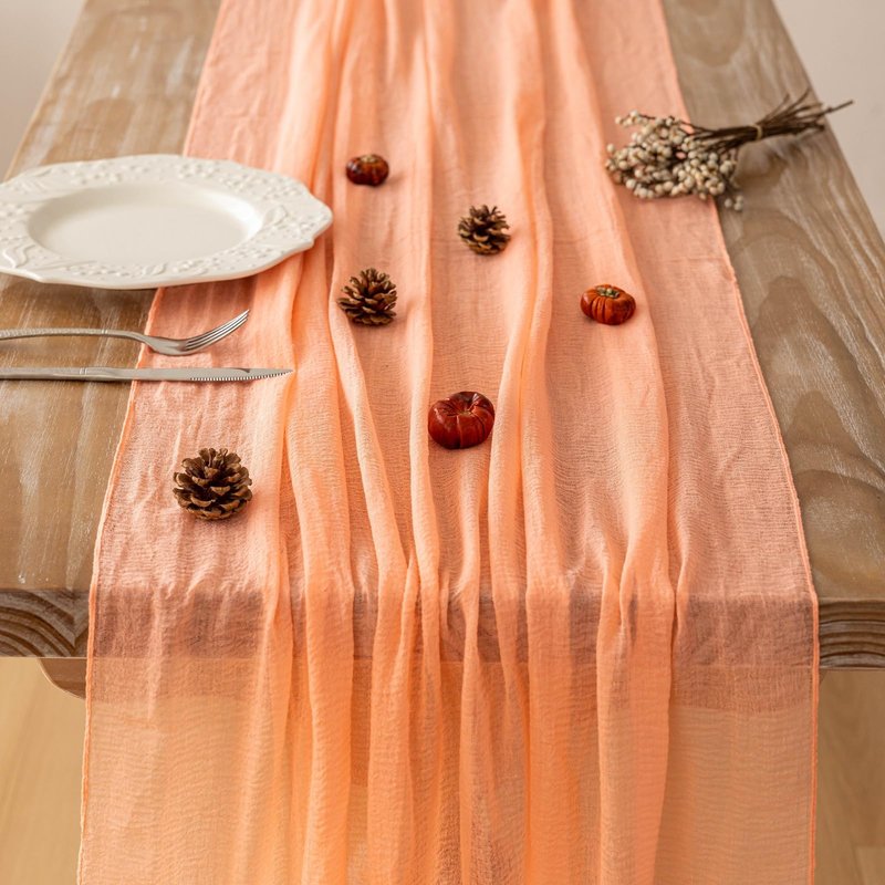 Keketoarrange Fresh Salmon Spring Cheesecloth Table Runner Mothers Day Decor Peach Echo Gauze 120 Inch 10 FT Boho Table Runner for Wedding Baby Shower Bridal Shower Party Sheer Summer Home Decorations