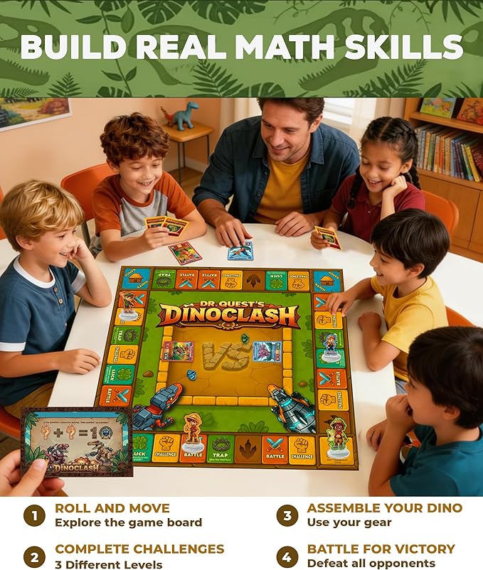 Dr. Quest Dino Clash Educational Math Board Game | Dinosaur-Themed Addition &amp Subtraction Game | Educational Family &amp Homeschool Math Game for Kids Ages 6–10