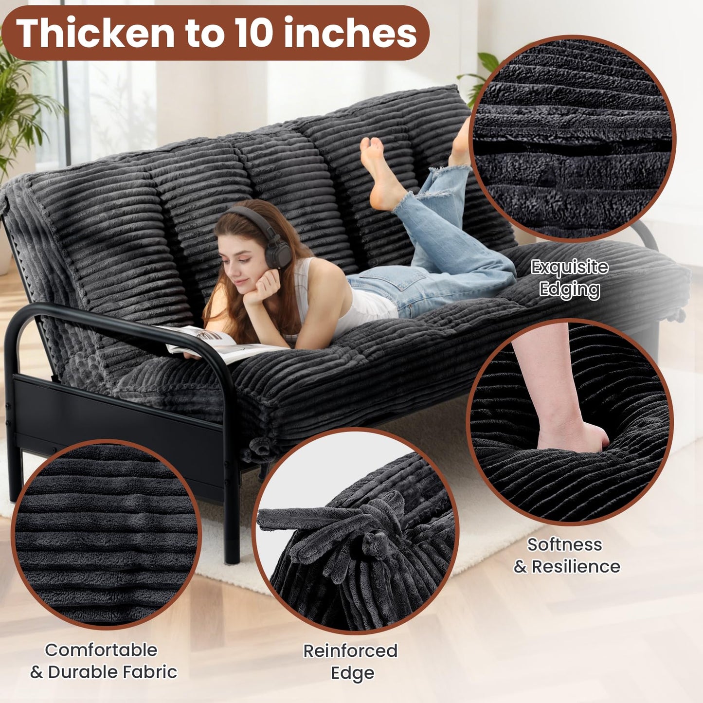 feliz home 10" Futon Mattress Full Size,Futons Sofa Couch Bed with Straps, Thick Corduroy Floor Mattress for Adults, Roll Up Folding Mattress Shredded Foam Filling, Medium Firm(Frame Not Included)