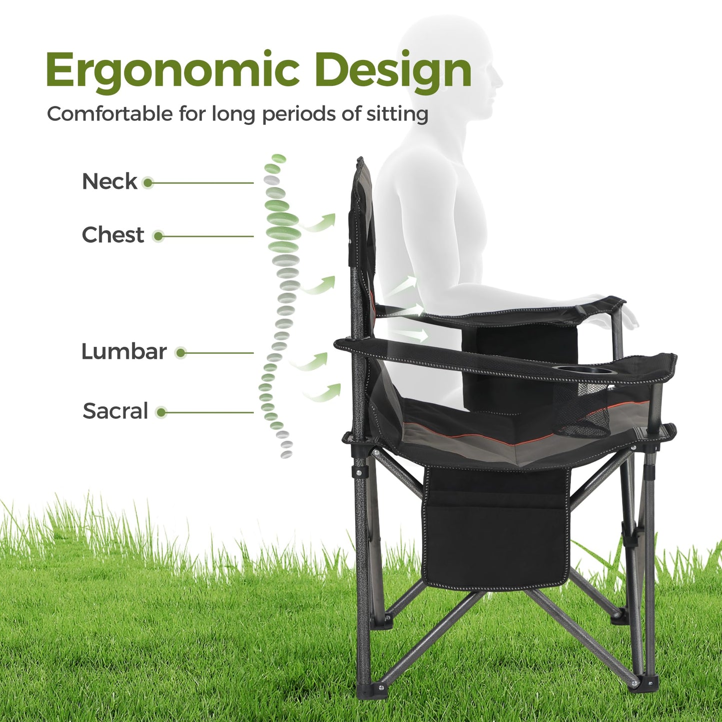 ALPHA CAMP Oversized Camping Chairs 500 LBS Capacity Fully Padded Heavy Duty Lawn Chair for Heavy People, Portable Outdoor Chair with Cooler Bag & Cup Holder for Camping, Fishing, Beach,2PC