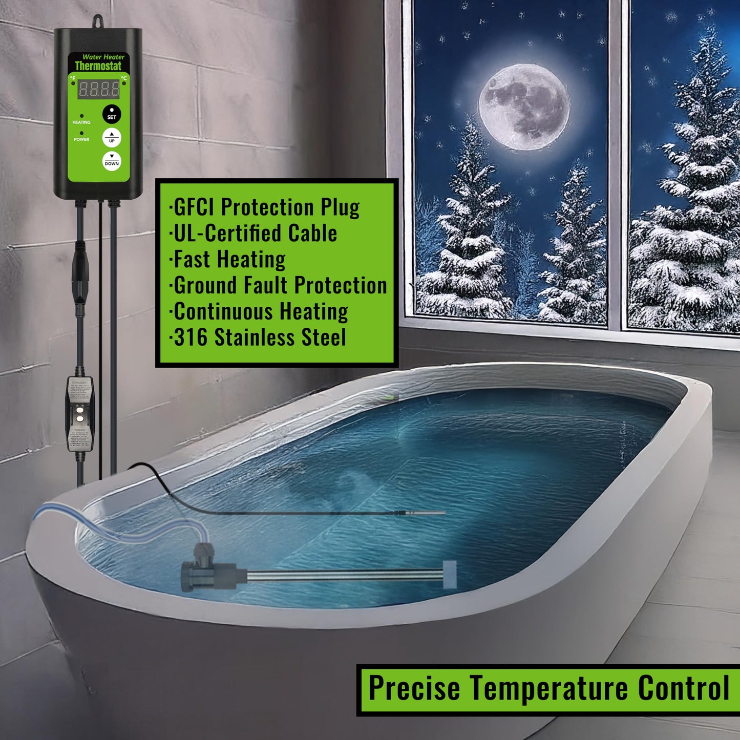 LINGLONGTEMP 2000W Submersible Hot Tub & Pool Portable Electric immersion Water Heater with Temp Control, GFCI for Swimming Pool, Pond, Bathtub, inflatable pool, Baptismal, above ground pool & Spa tub
