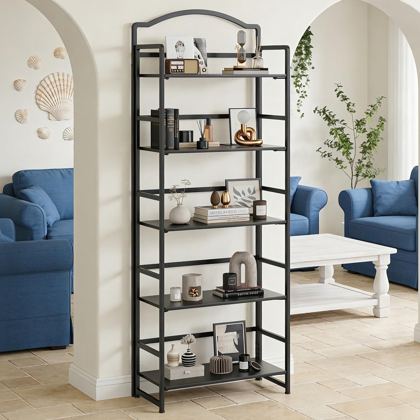 JSB 5 Tier No Assembly Folding Bookshelf, Arched Bookshelf, Foldable Bookcase for Living Room, Bedroom, Office,Skinny Bookshelf (Black)