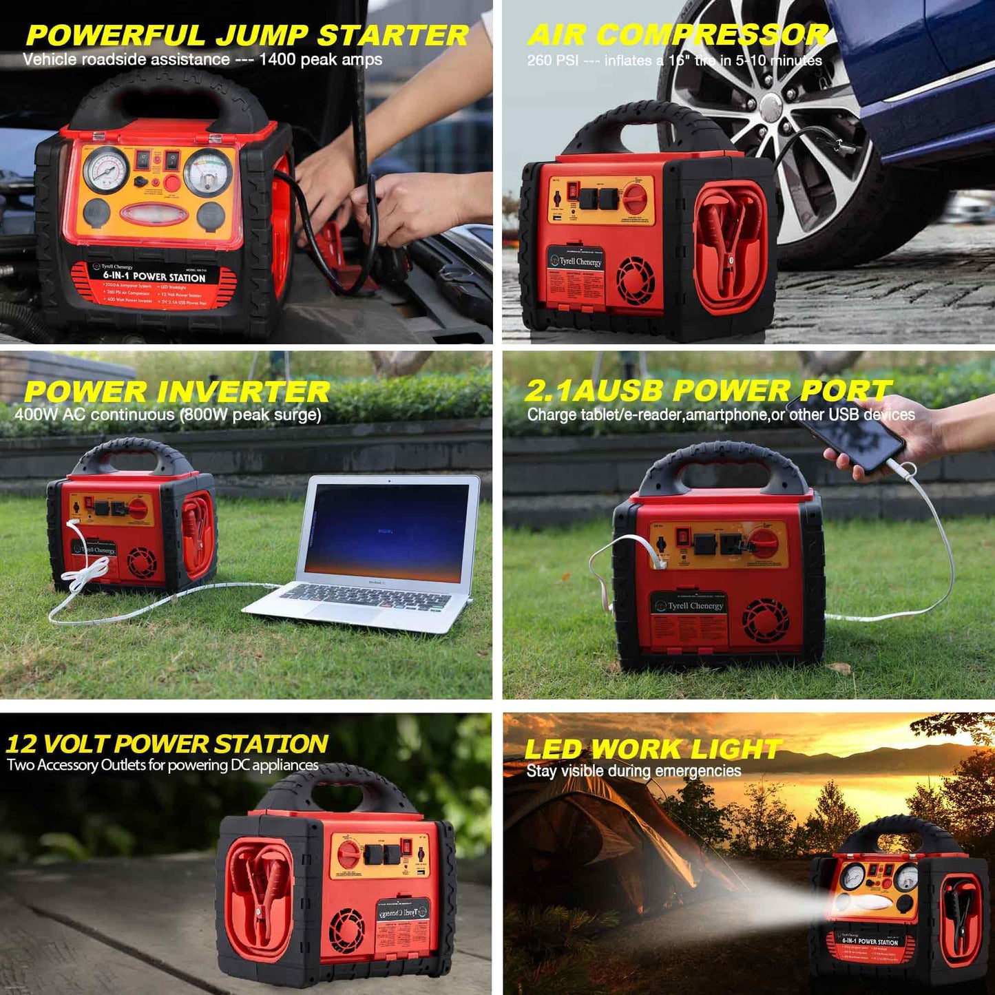 Tyrell Chenergy 2200 Amp Car Jump Starter with Air Compressor,Portable Power Station with 260 PSI Tire Inflator,400W Power Inverter Dual AC/DC Ports,2.1A USB Port,Battery Clamps