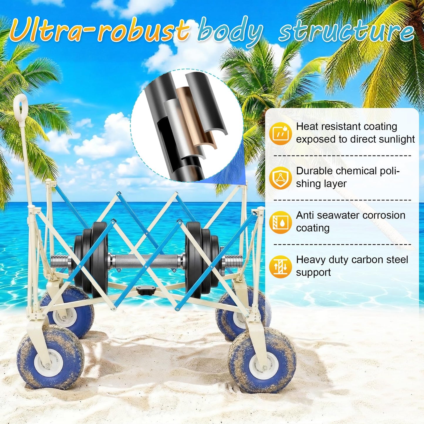 Beach Wagon with Big Wheels for Sand, Heavy Duty 350lbs Folding Beach Wagon with 10.5" All-Terrain Inflatable Wheels, Utility Cart for Camping, Outdoor Shopping, Garden & Sports, Includes Air Pump
