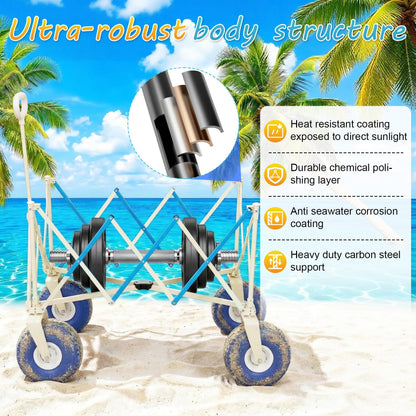Beach Wagon with Big Wheels for Sand, Heavy Duty 350lbs Folding Beach Wagon with 10.5" All-Terrain Inflatable Wheels, Utility Cart for Camping, Outdoor Shopping, Garden & Sports, Includes Air Pump
