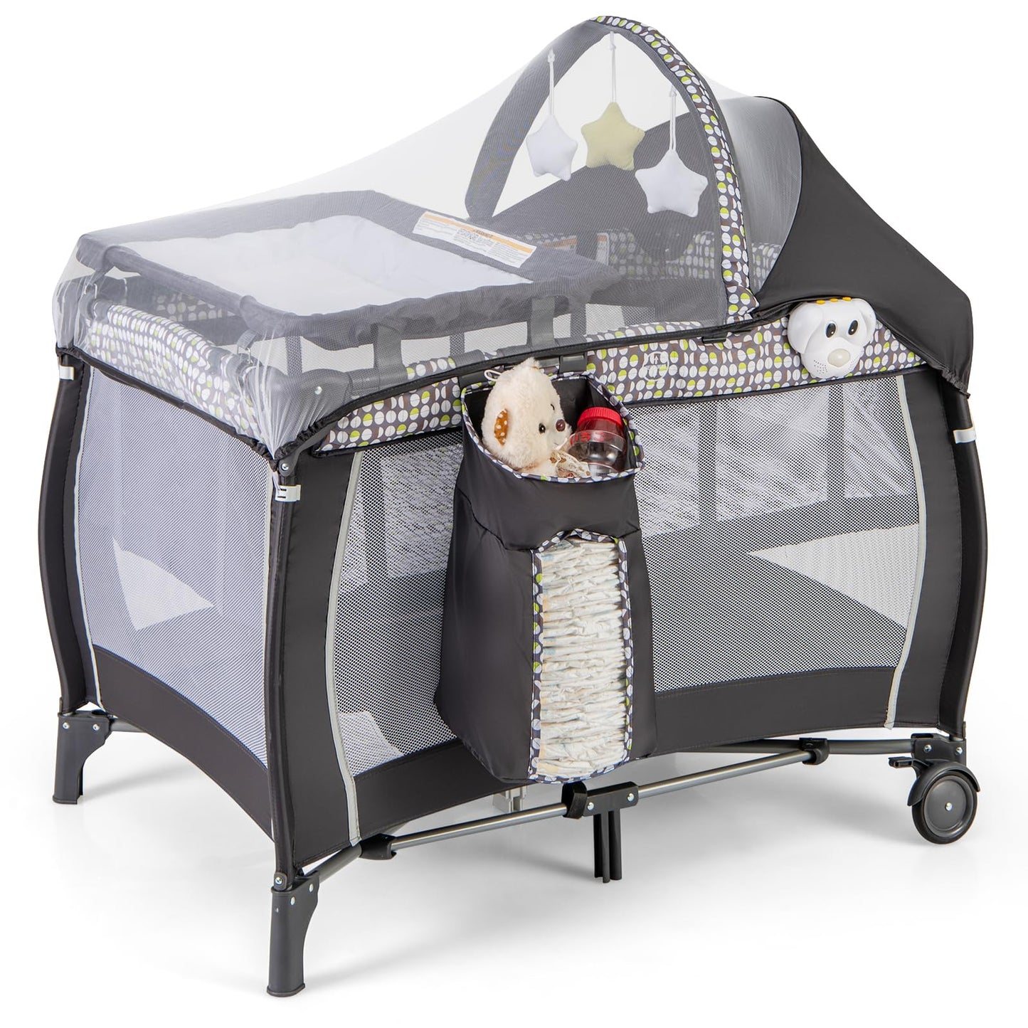 BABY JOY 4 in 1 Pack and Play, Portable Baby Playard with Bassinet, Adjustable Canopy, Changing Table, Lockable Wheels, Glowing Music Box, Travel Baby Crib Bassinet Bed from Newborn to Toddler Grey