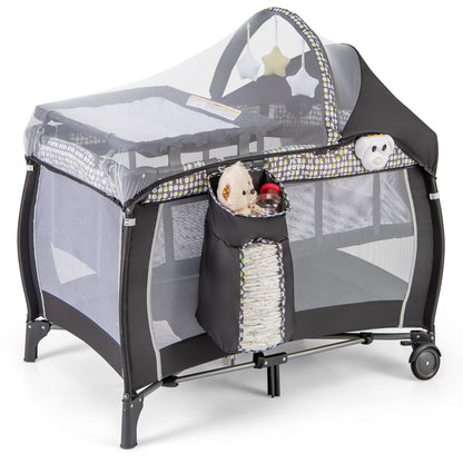 BABY JOY 4 in 1 Pack and Play, Portable Baby Playard with Bassinet, Adjustable Canopy, Changing Table, Lockable Wheels, Glowing Music Box, Travel Baby Crib Bassinet Bed from Newborn to Toddler Grey