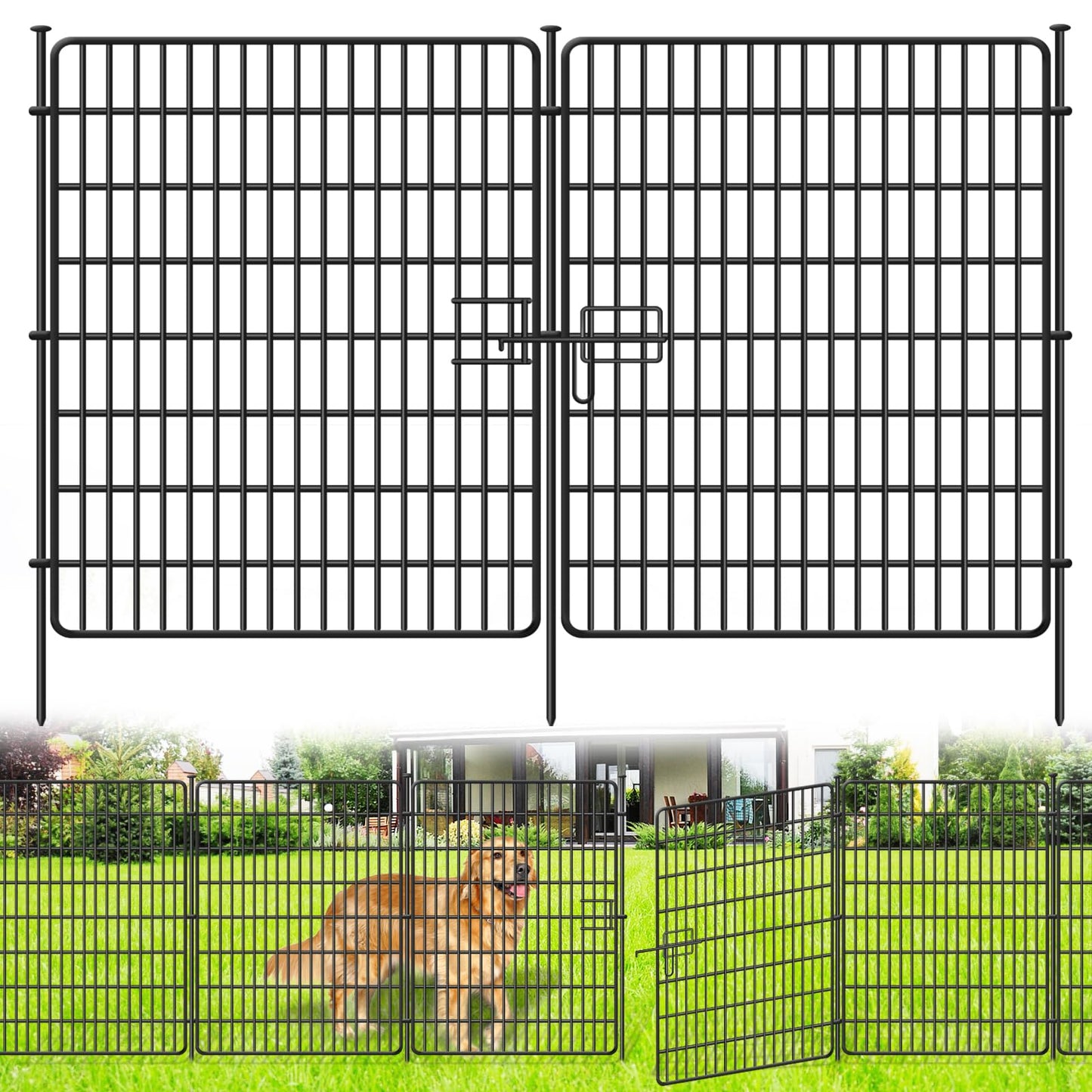 15 Panels No Dig Fence with Gate, 32 in(H) X 36 ft(L) Garden Decorative Fence Animal Barrier for Dogs, Rustproof Metal Garden Edging Border for Outdoor, Yard, Patio, Black