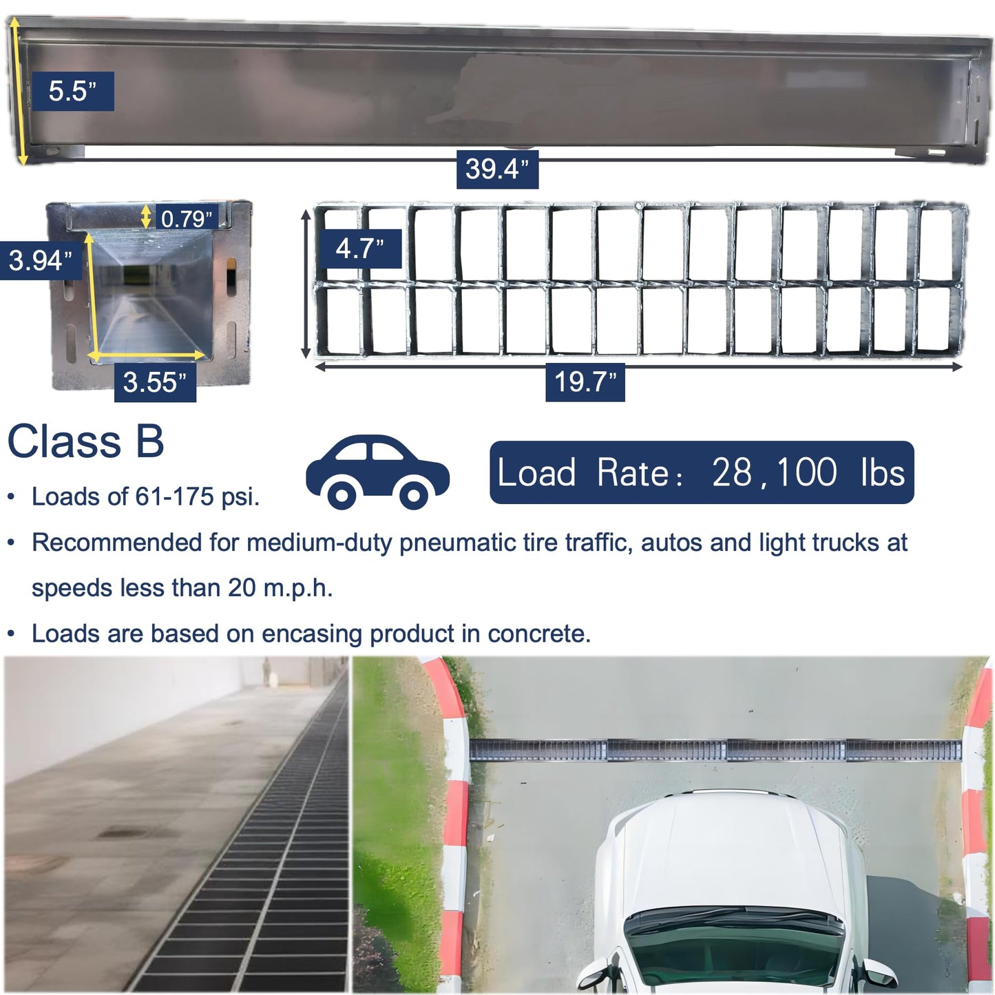 TIANYAMAI 304 Stainless Steel Channel Drain with Galvanized Steel Grate 39.4x5.9x5.5 in, B-Class 28100 lbs Heavy-Duty Drain Kit for 3" Pipe, Trench Drainage System for Outdoor, Driveway, Garage 2pcs