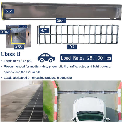 TIANYAMAI 304 Stainless Steel Channel Drain with Galvanized Steel Grate 39.4x5.9x5.5 in, B-Class 28100 lbs Heavy-Duty Drain Kit for 3" Pipe, Trench Drainage System for Outdoor, Driveway, Garage 2pcs