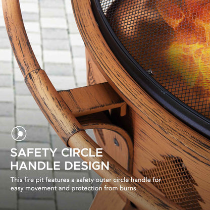 Sunjoy Fire Pit 30 in. Outdoor Wood-Burning Fire Pit, Patio Tree Motif Round Steel Firepit Large Fire Pits for Outside with Spark Screen and Poker