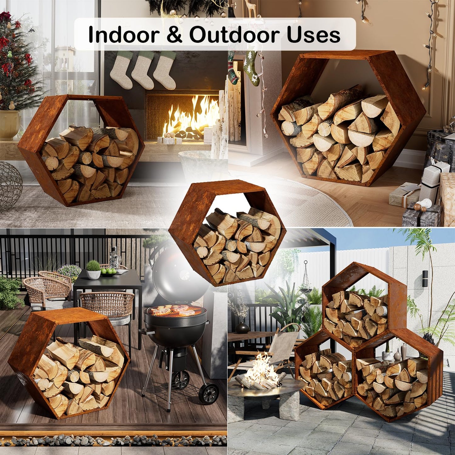 BUYYAH Firewood Log Rack Hexagon Heavy-Duty, Sturdy Log Holder with Honeycomb Design for Wood Storage, Suitable for both Outdoor and Indoor Use
