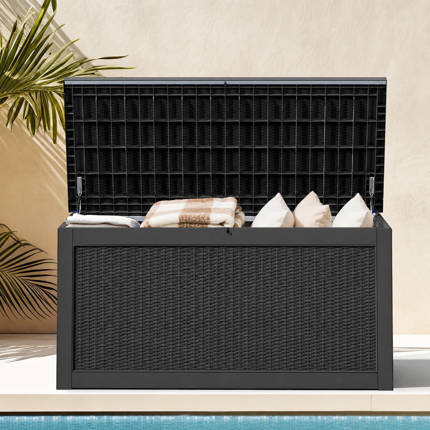 DWVO 320 Gallon Resin Outdoor Storage Box, XXL Large Waterproof Deck Box, Doubles as Table or Seating with 1000 lbs Capacity, Lockable (Black)