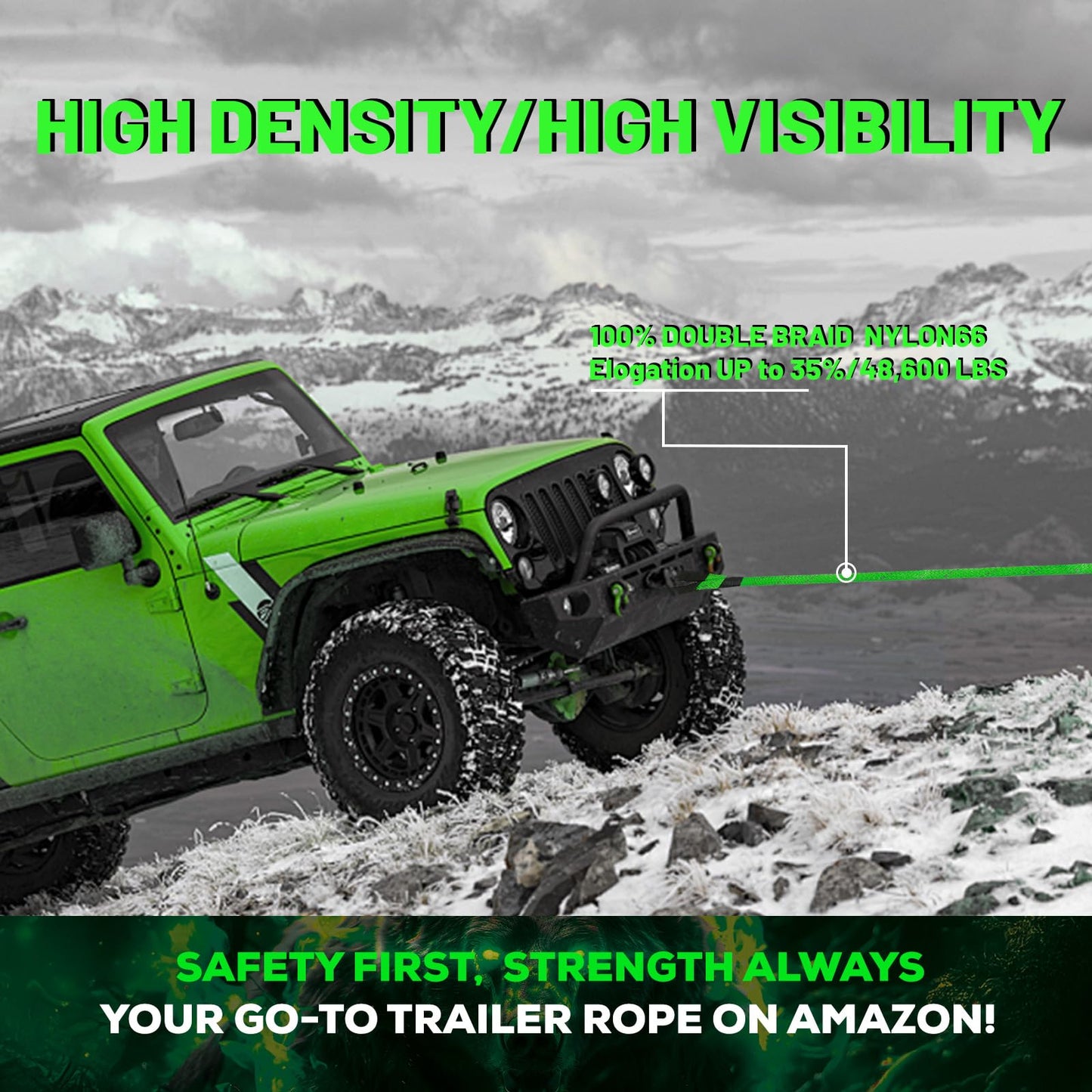 YUNFUER Heavy-Duty Kinetic Recovery Rope Kit – 48,600lbs, 1in x 30ft – Includes 2 Ultra-Strong UHMWPE Soft Shackles – 35%+ Elasticity for Off-Road Recovery, Towing & Emergency Use (Reflective)