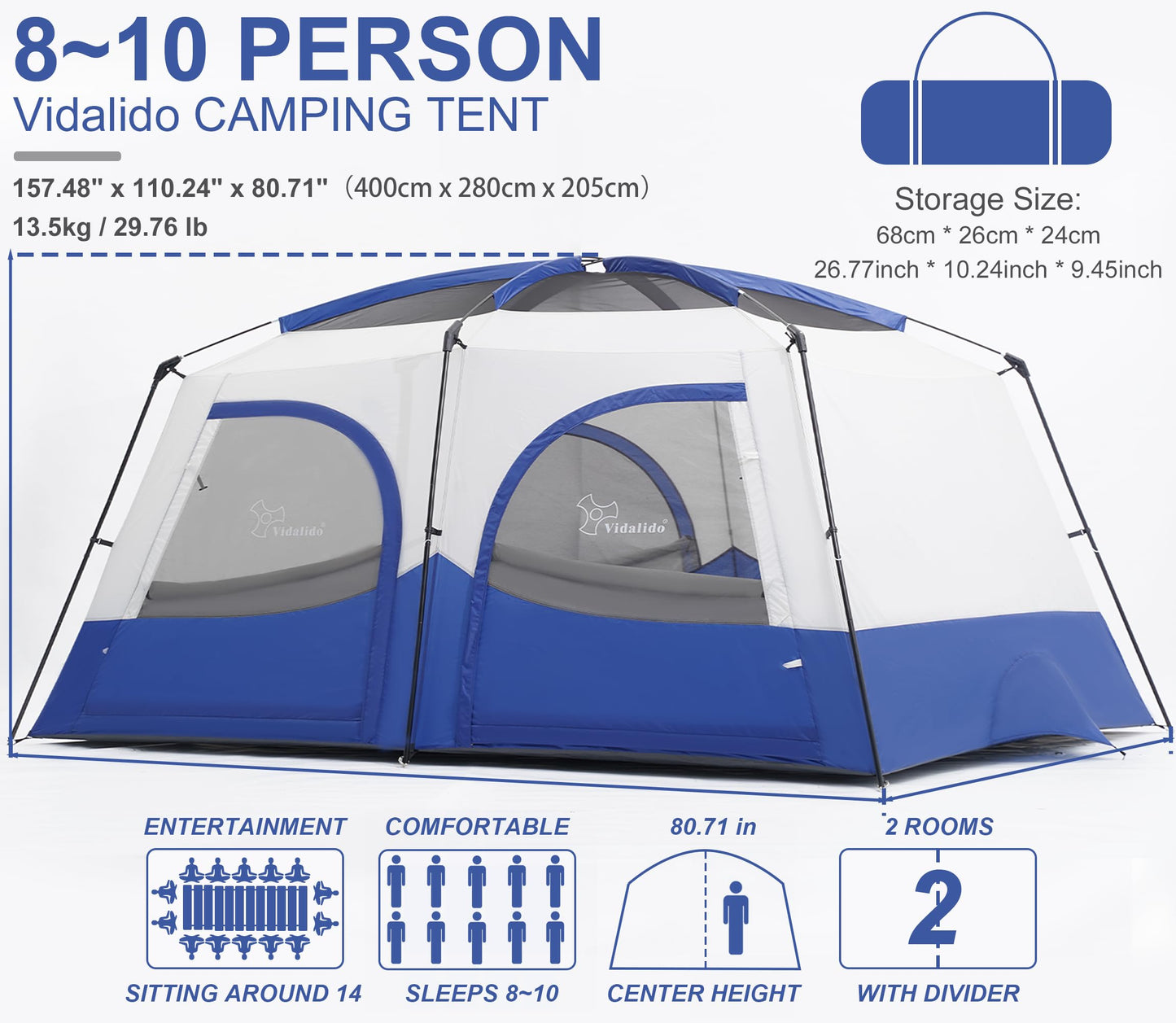 Vidalido Tents，8-10 Person Camping Tent with Extended Vestibule，2 Room Weather Resistant Family Tents，Easy Install Waterproof Outdoor Tent for Camping Hiking（Blue）