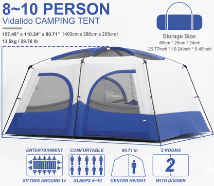 Vidalido Tents，8-10 Person Camping Tent with Extended Vestibule，2 Room Weather Resistant Family Tents，Easy Install Waterproof Outdoor Tent for Camping Hiking（Blue）