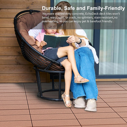 EchoDeck Interlocking Deck Tiles,44 Pack Deck Tiles Interlocking Outdoor All Weather,Patio Deck Tiles,12"x12",Vertical,Sturdy Base,Highly Durable,Stylish,Non-Slip,Faster-Drying,Efficient,Brown