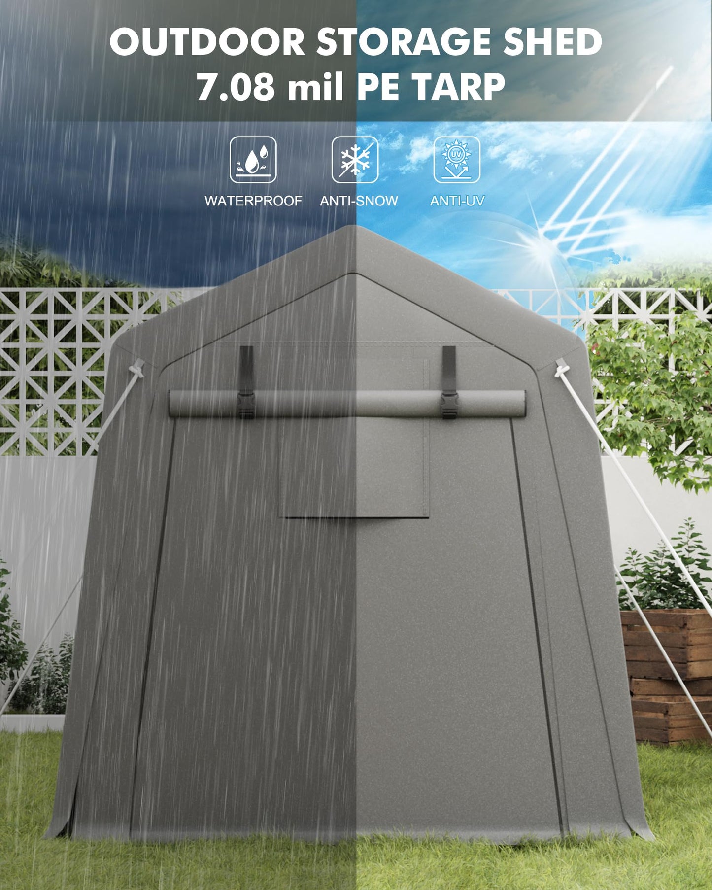 6x8 FT Portable Carport Storage Shed Tent – Heavy Duty Waterproof & UV-Resistant Motorcycle Tent with Roll-Up Zipper Doors, Steel Frame Shelter for Bike, Outdoor Tools & Equipment, Grey