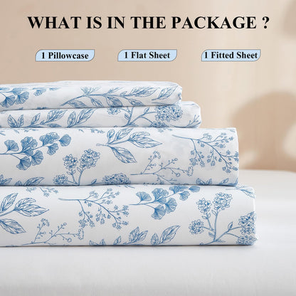 HighBuy 3 Piece Bed Sheets Set Twin XL Sheets White - Extra Soft Blue Floral Sheet Deep Pocket 16" - Luxury Soft Twin XL Sheet & Pillowcase Set - Twin XL Size Bed Cooling