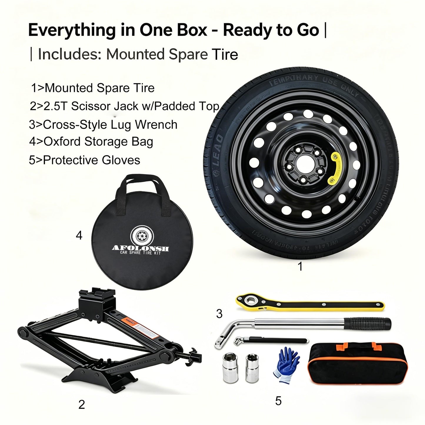Afolonsh Spare Tire Kit Compatible with 2023-2026 Toyota Corolla Cross (Including Hybrid)| 145/85R18 Spare Wheel on 18x4 Rim 5x114.3 Bolt Pattern | Includes Car Jack Kit & Tire Carrying Case